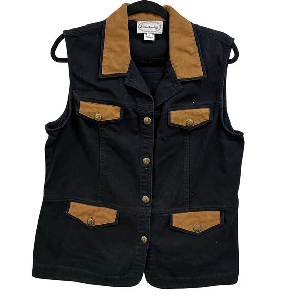 Stonebridge Black Denim Western Suede Button Down Vest Large - Picture 1 of 4